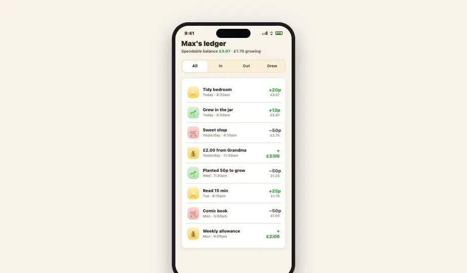 GrowthJar parent ledger design with specimen jobs and pocket-money entries