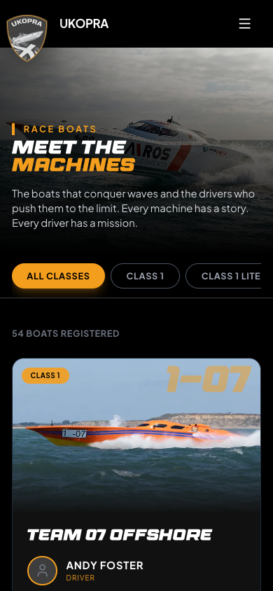 The public UKOPRA Race Boats website on a phone